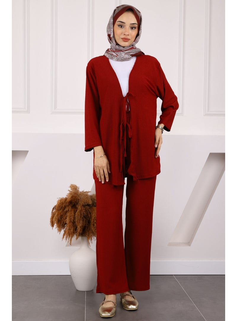 İmaj Butik Bordo Ön Bağlamalı Bürümcük Kimono Pantolonlu Takım