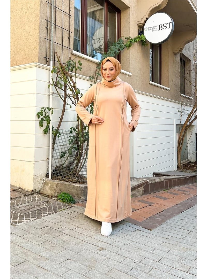 Bwest Bej İkili Nevrül Detaylı Boğazlı Sade Basic Uzun Büyük Beden Spor Elbise