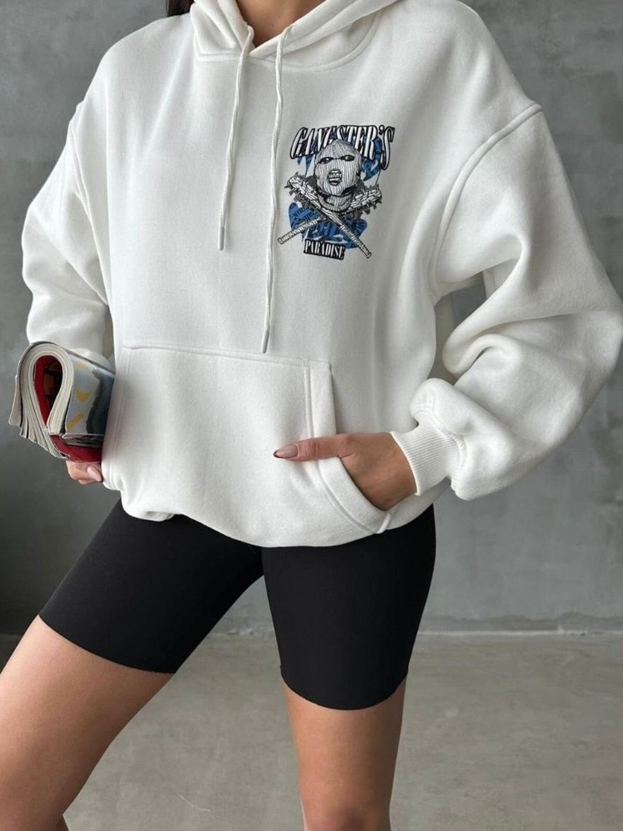 Baby Xclub Beyaz Şapkalı Üç İplik Şardonlu Oversize Kalıp Desenli Sweatshirt