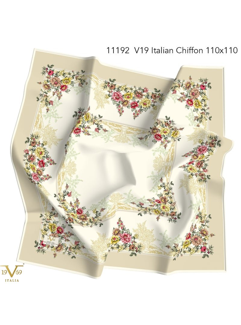 19v69 ITALIA Bej Desenli İtalyan Şifon Seri Eşarp Askısı İle Birlikte 110x110 Cm