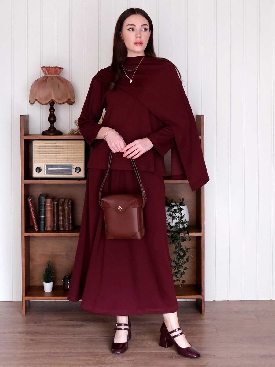 Ceylan Otantik Bordo Etek & Atkılı Bluz Takım