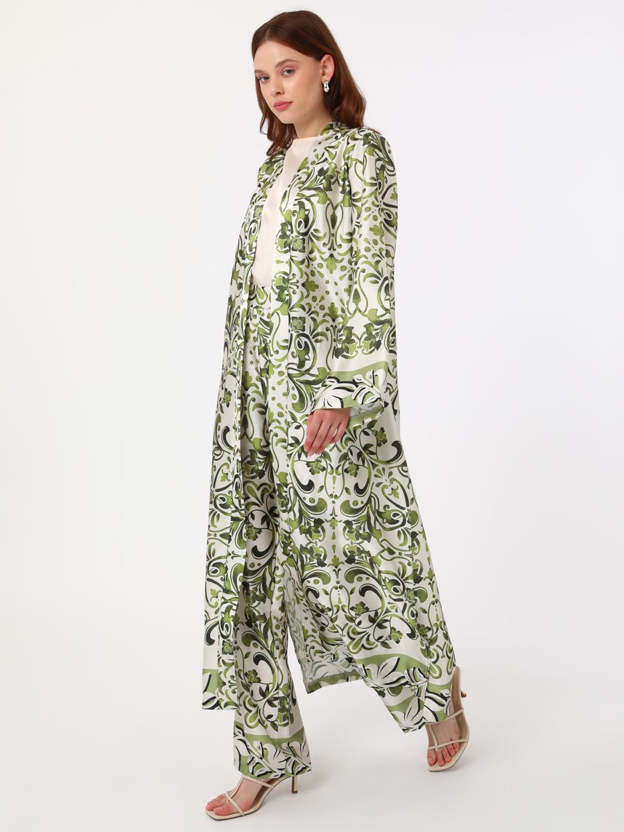 Refka Yeşil Çiçek Desenli Kemerli Saten Pantolon Kimono Takım