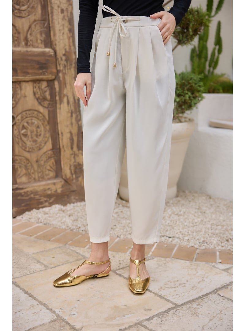 Locco Moda Beyaz Beli Lastikli Havuç Pantolon