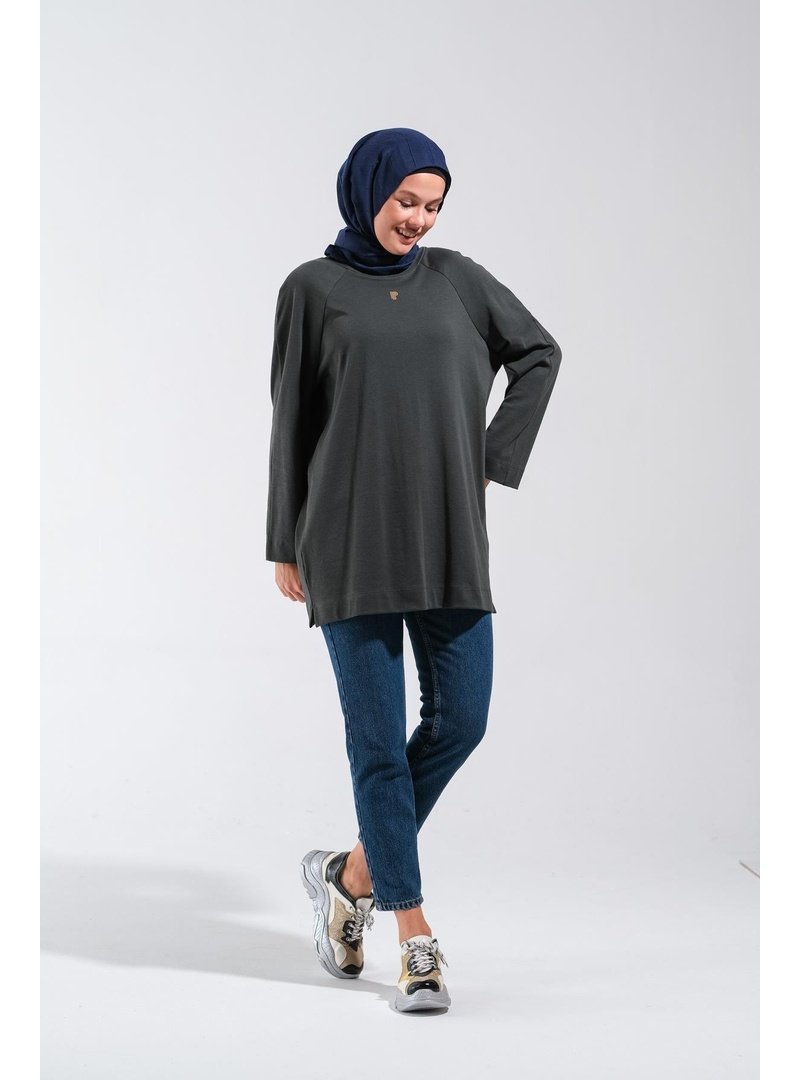 Plistre 2255_reglan Kollu Minimal Baskılı Basic Oversize Rahat Kalıp Tunik