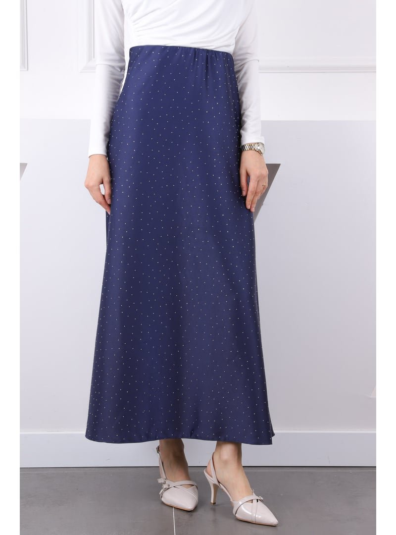 İmaj Butik Lacivert Bel Lastikli Taşlı Saten Etek
