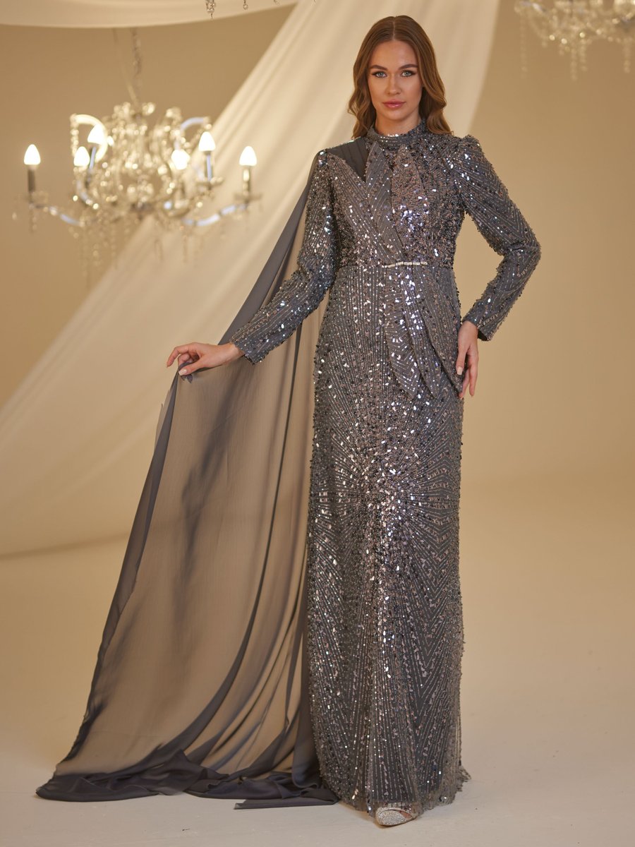 Burak Baran Fashion Antrasit Adel Abiye Elbise