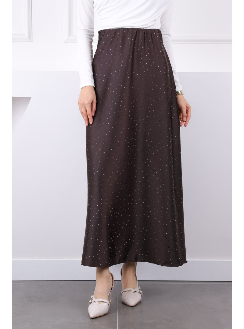 İmaj Butik Kahverengi Bel Lastikli Taşlı Saten Etek