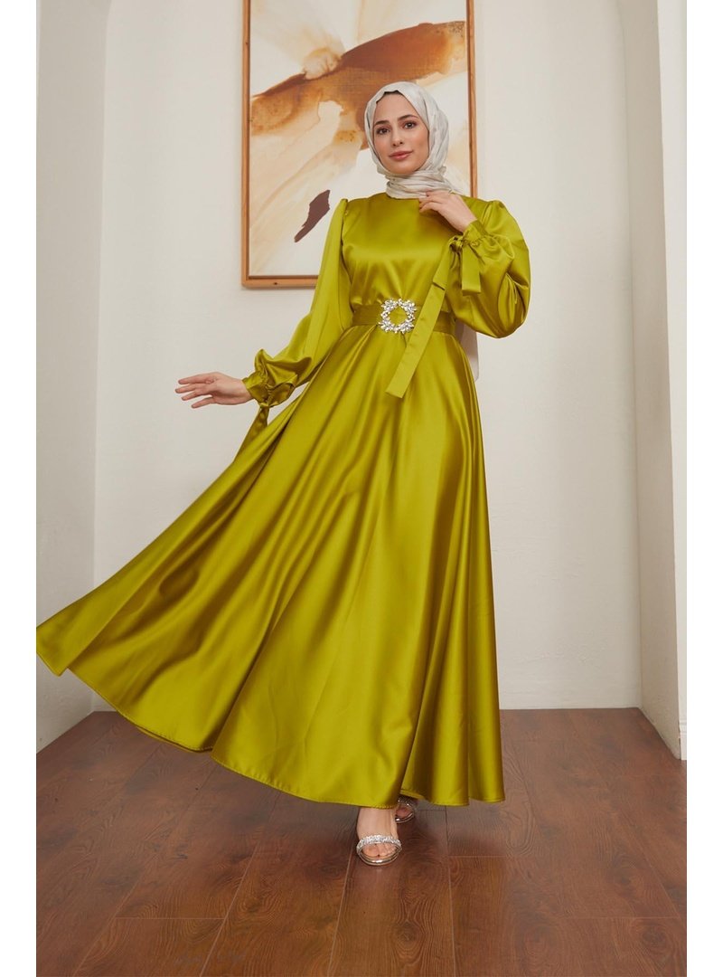 Hakimoda Yağ Yeşili Manşeti Bağcıklı Kemeri Taşlı Saten Abiye