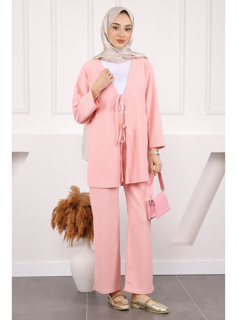 İmaj Butik Pudra Ön Bağlamalı Bürümcük Kimono Takım