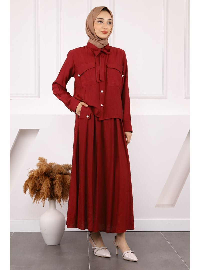 İmaj Butik Bordo Yaka Bağlamalı Gömlek Etekli Takım