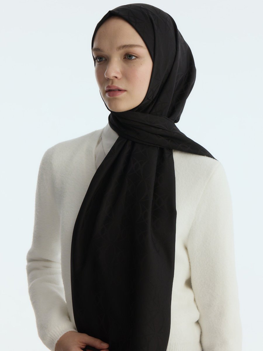 Camellia Scarfs Siyah İpeksi Jakar Geometrik Desen Şal