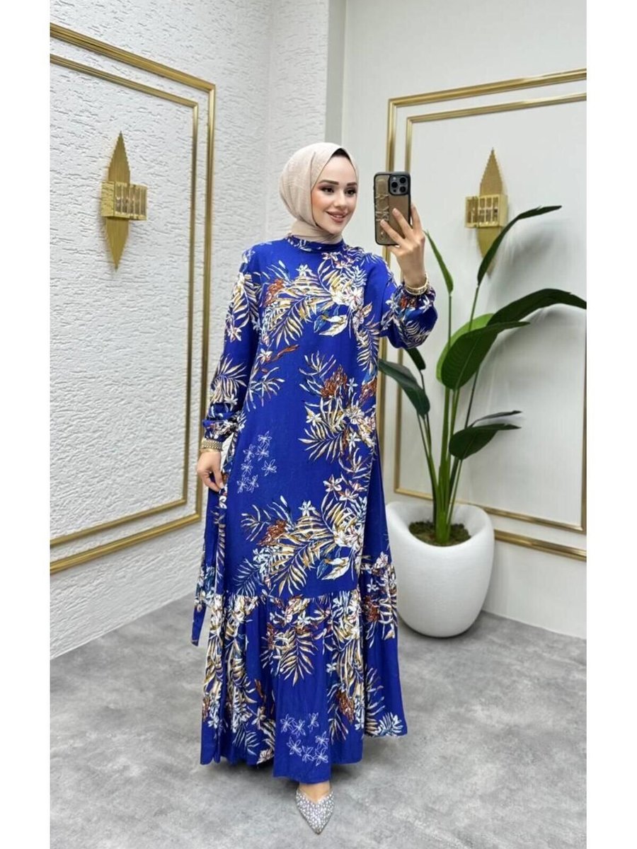 Nergis Neva Butik Saks Çalı Desenli Viscon Elbise