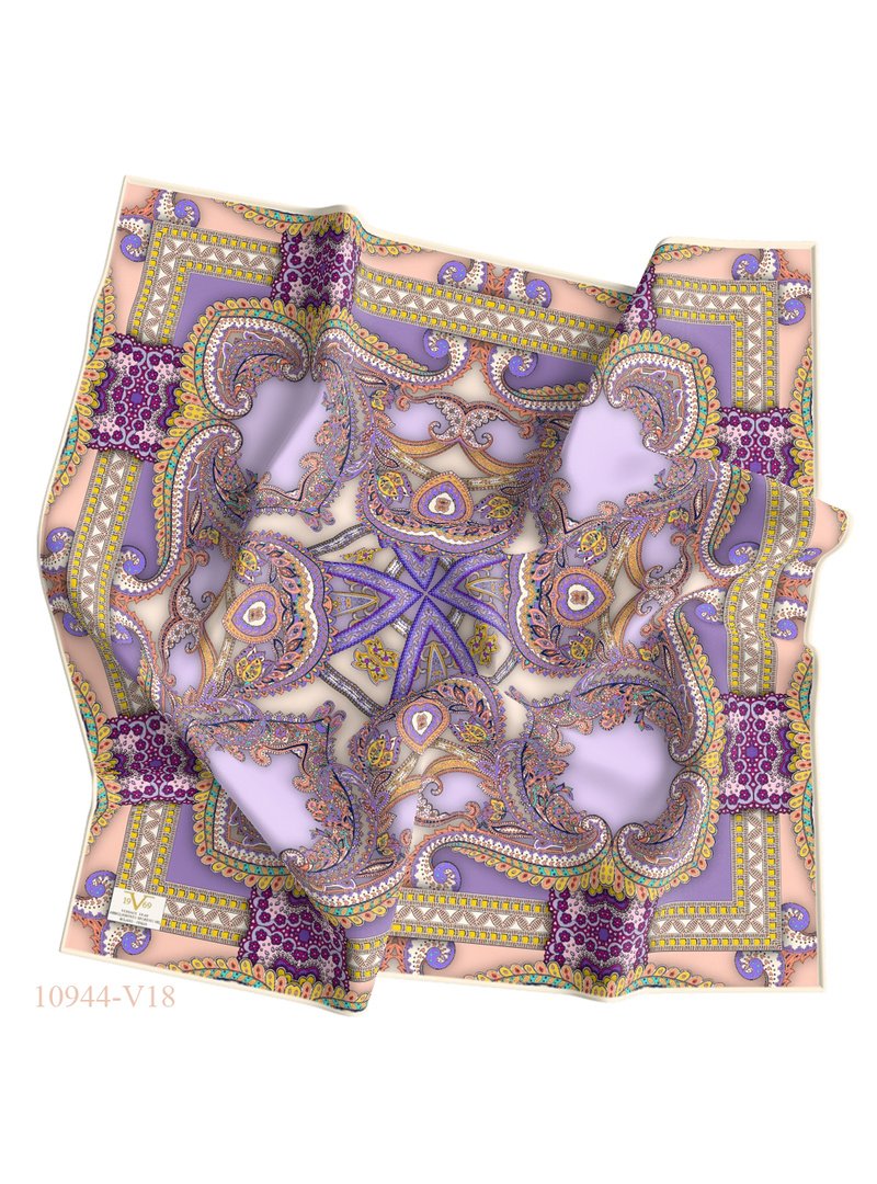 19v69 ITALIA Paisley Desen İtalyan Şifon Eşarp Askısı İle Birlikte 110x110 Cm ** Leylak Somon