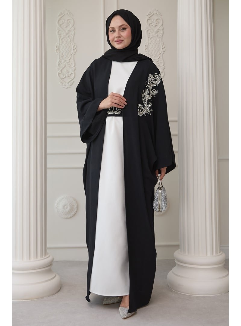 InStyle Siyah Yakası Taşlı Yarasa Kol Elbiseli Abaya