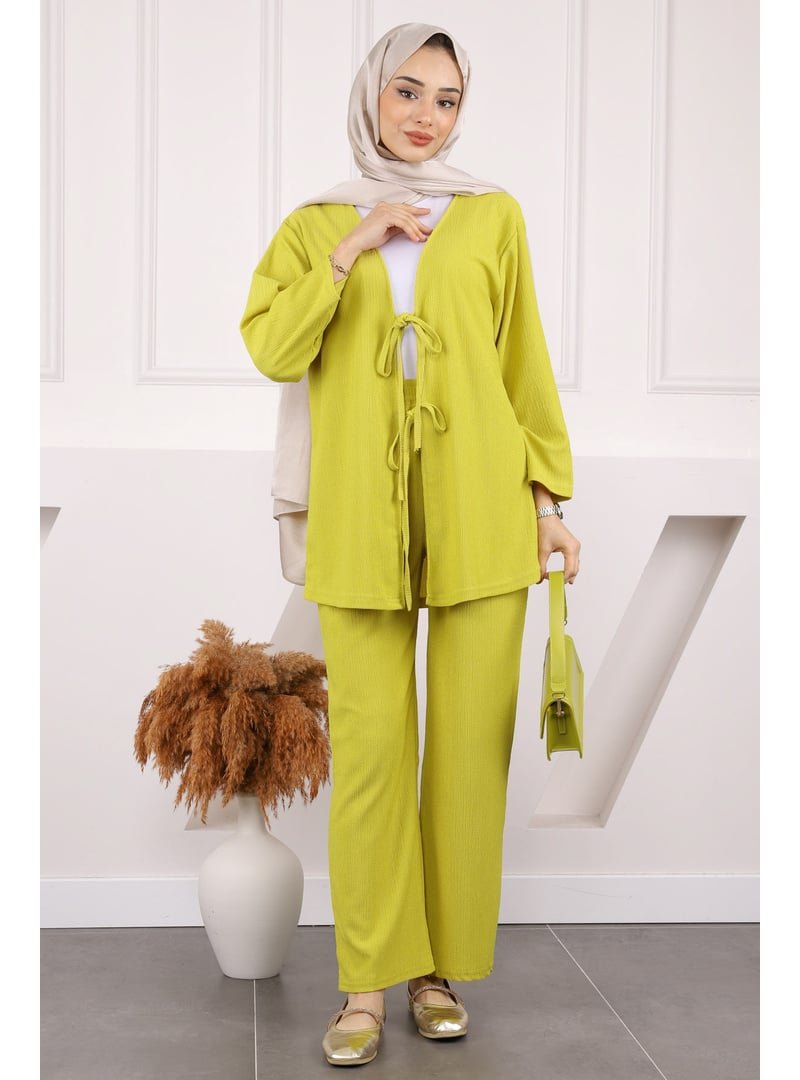 İmaj Butik Yağ Yeşili Ön Bağlamalı Bürümcük Kimono Pantolonlu Takım