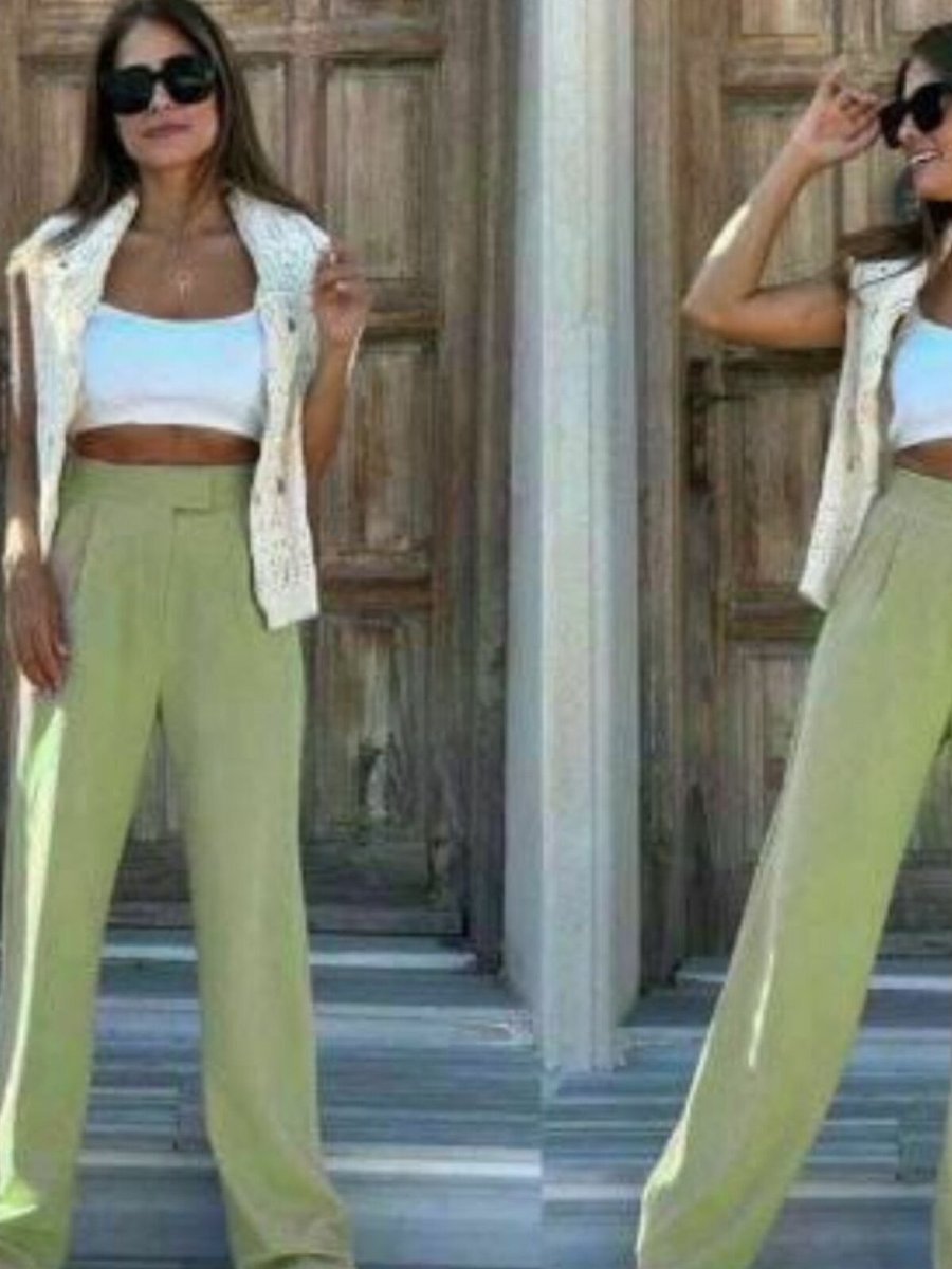 Rabi Shine Yeşil Likralı Palazzo Cırtlı Pantolon