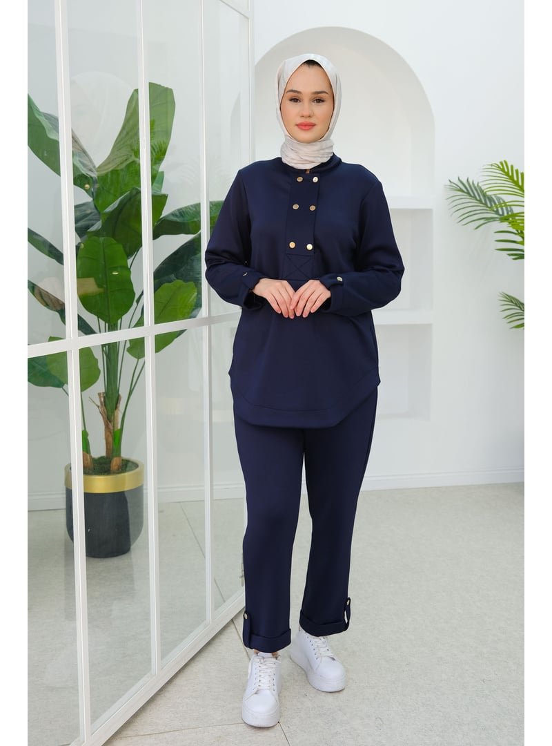 Locco Moda Lacivert Düğme Detaylı Oval Kesim İkili Takım