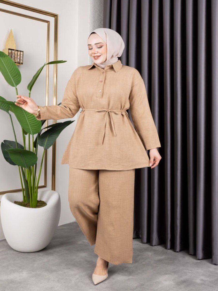 SFG Life Moda Bej Gömlek Yaka Ve Önü Düğme Detaylı Belden Bağcıklı Pantolon & Tunik Keten İkili Takım