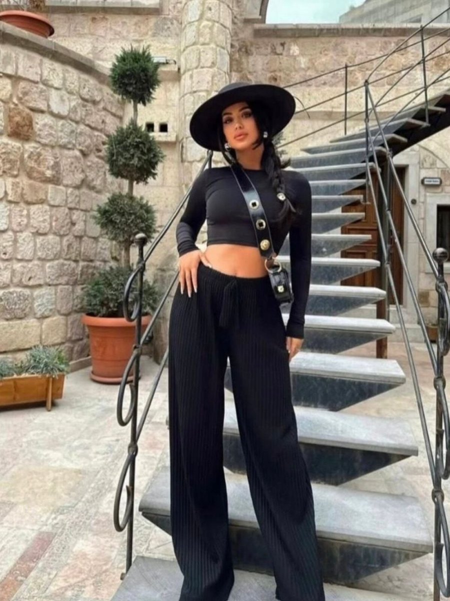 Rabi Shine Siyah Palazzo Beli Lastikli Salaş Dökümlü Fitlli Pantolon