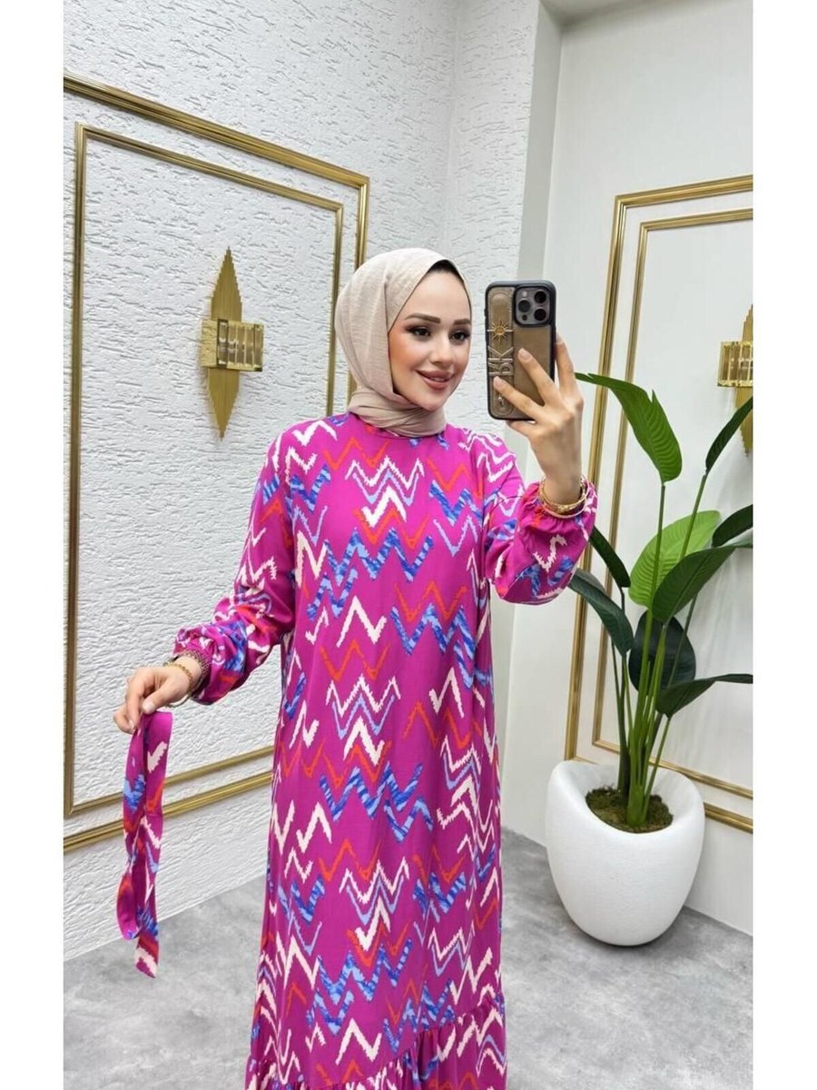 Nergis Neva Butik Fujya Zikzak Desenli Viscon Elbise