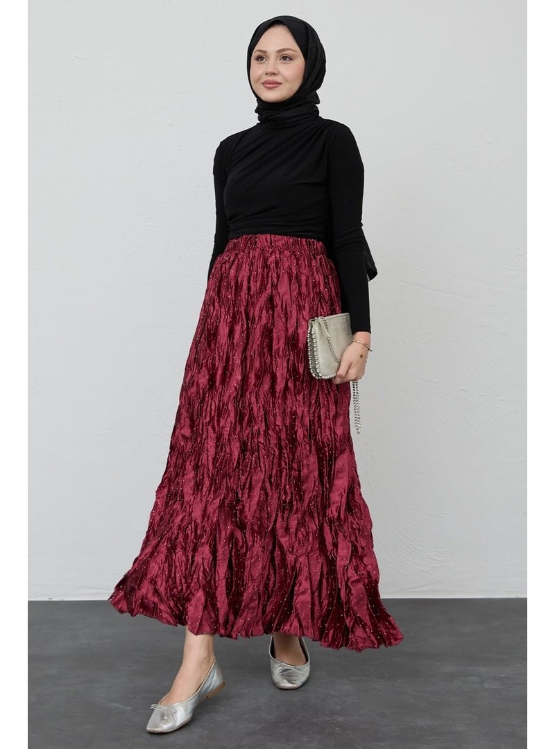 InStyle İncili Saten Kraş Bordo Etek