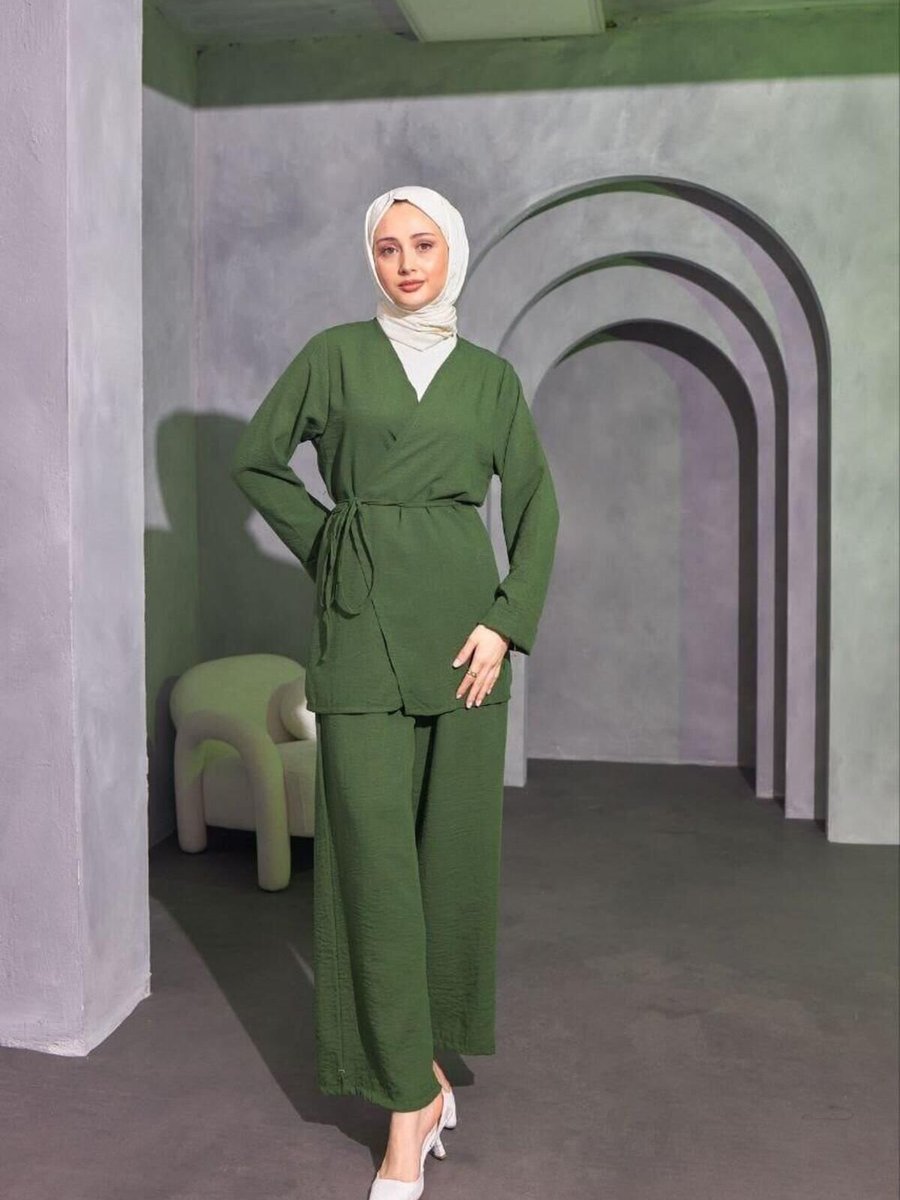 Nergis Neva Butik Zümrüt Çapraz Baglamalı Keten Kimono Takım