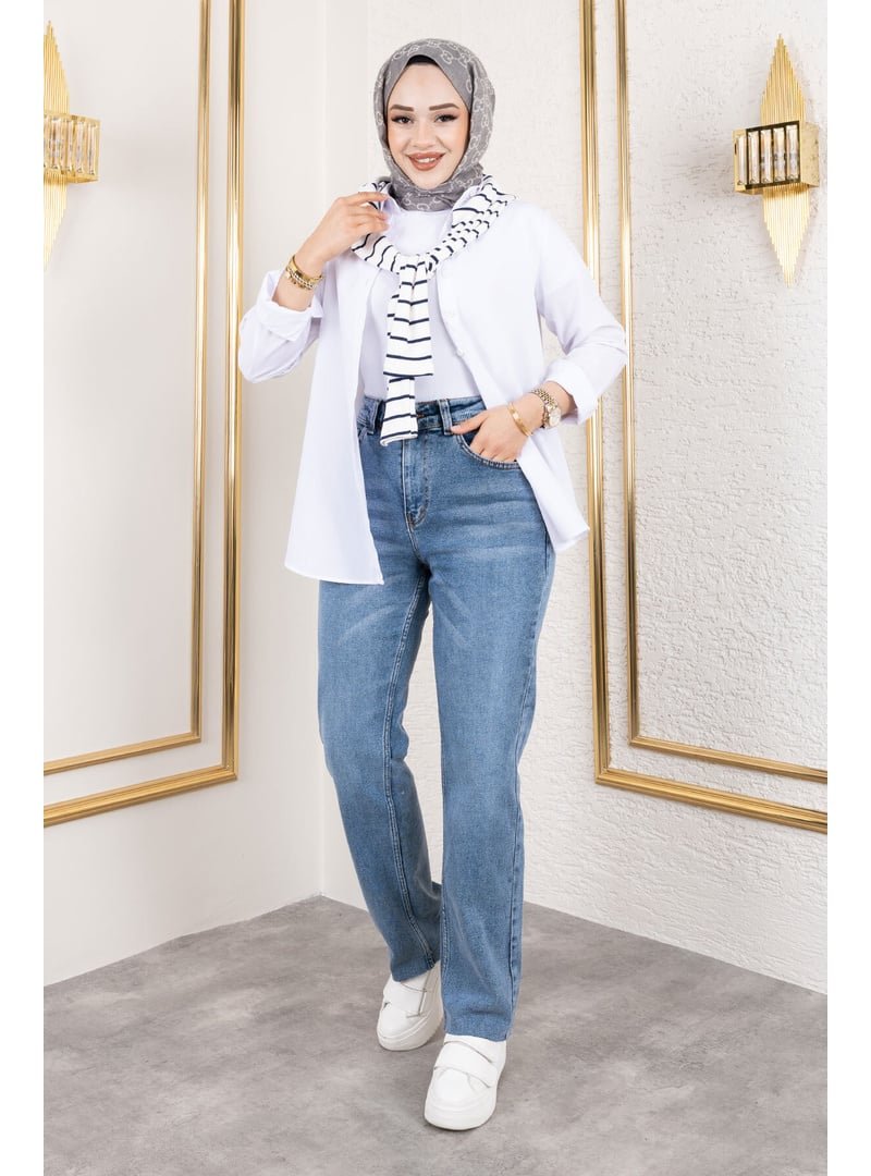 Tesettür Dünyası Koyu Mavi Paçası Kesik Yüksek Bel Kot Pantolon