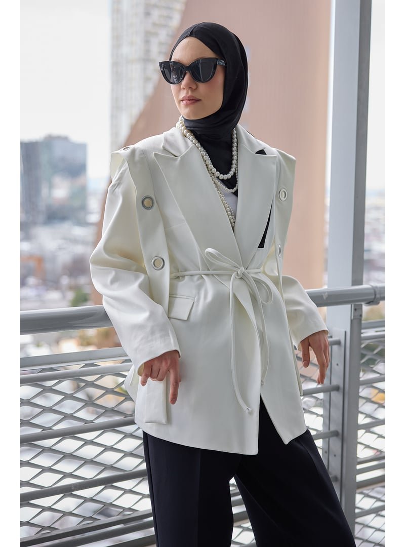 Locco Moda Beyaz Kuş Gözü Kruvaze Yaka Blazer Ceket