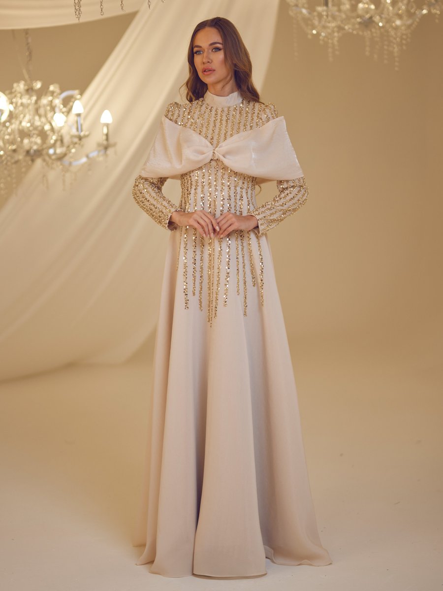 Burak Baran Fashion Gold Rengi Fahriye Abiye Elbise