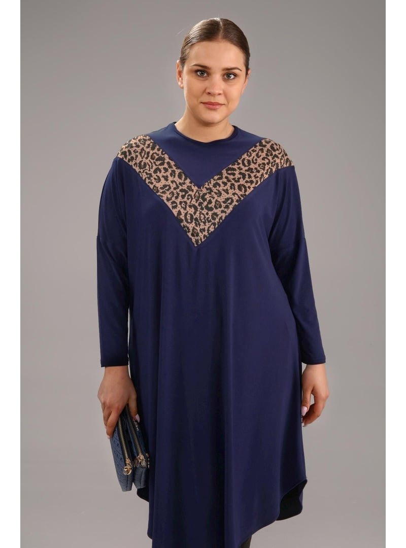 Ferace Leopar Kadin Buyuk Beden Giyim Tunik Yarasa Kol Ve Oversize Kesim Lacivert