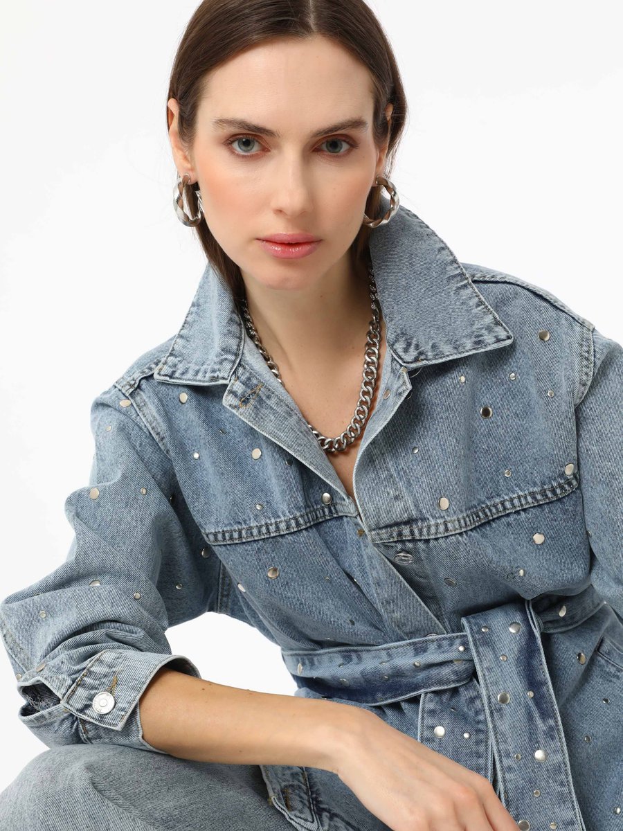 Benin Açık Mavi Exclusive Belden Bağlama Ve Taş Detaylı Denim Ceket