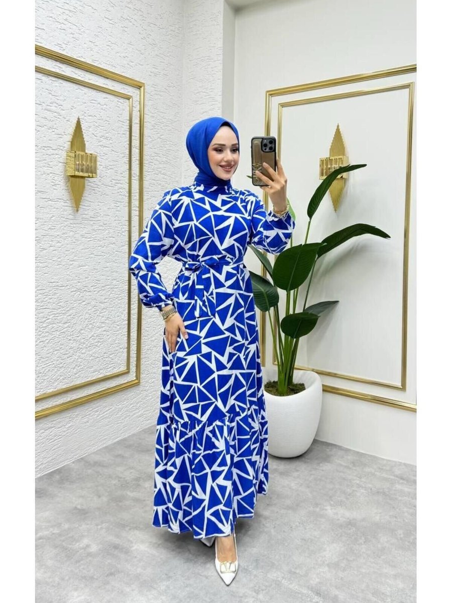 Nergis Neva Butik Saks Geometrik Desenli Viscon Elbise