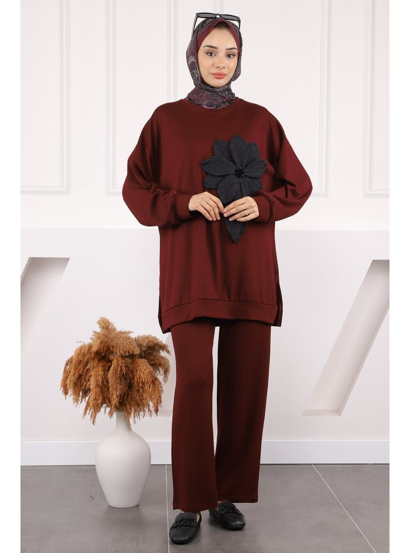 İmaj Butik Bordo Çiçek Detaylı Modal Tunik Pantolonlu Takım