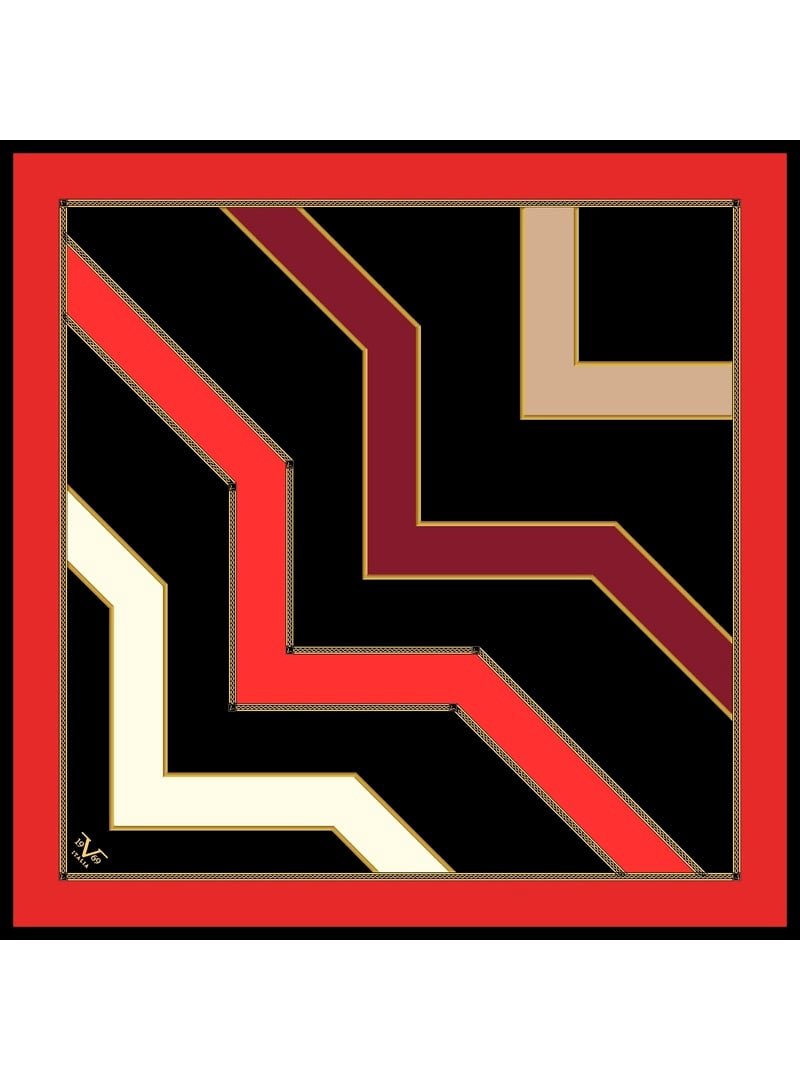 19v69 ITALIA Geometrik Desen Gold Seri Twill Eşarp Askısı İle Birlikte 90x90 Cm Nar Çiçeği Siyah
