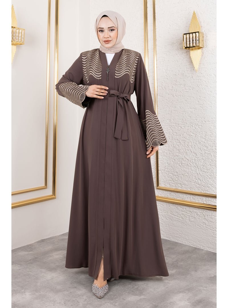 Tesettür Dünyası Kahverengi Nakış Ve Taş Detaylı Abaya