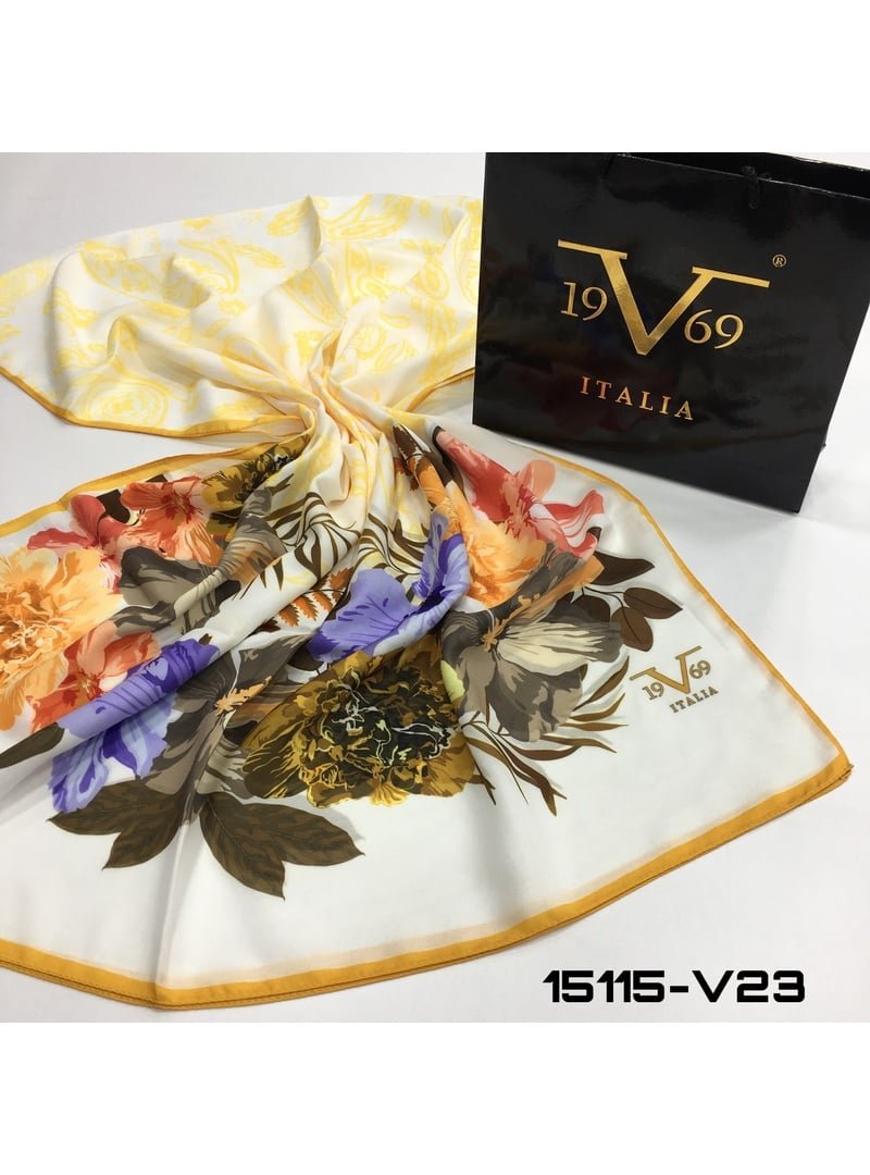 19v69 ITALIA Hardal Çiçekli Desen Pavia Seri Şal Askısı İle Birlikte 90x200 Cm Beyaz