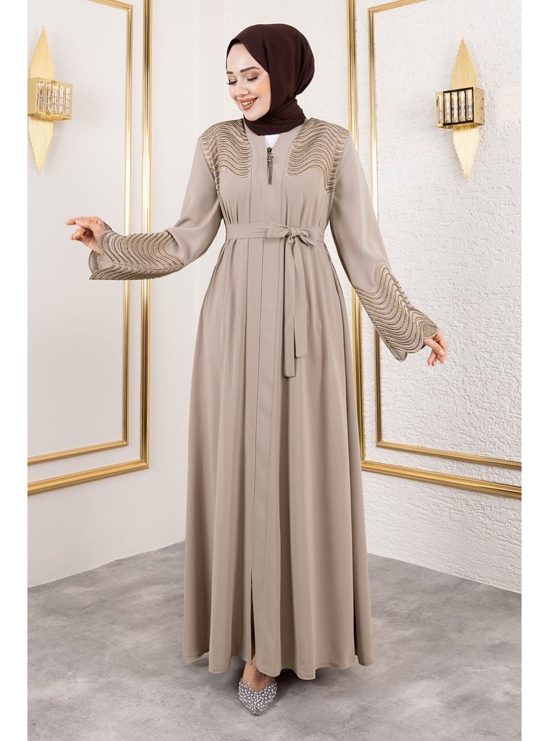Tesettür Dünyası Bej Nakış Ve Taş Detaylı Abaya