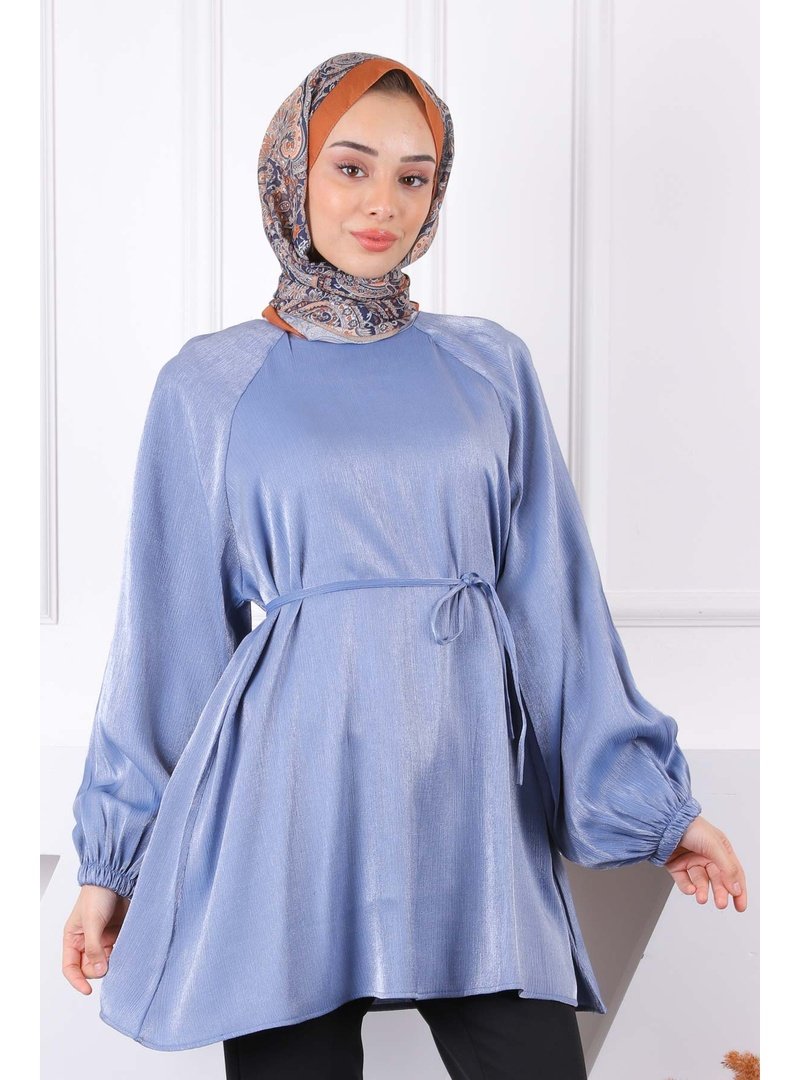İmaj Butik İndigo Bel Kuşaklı Parlak Tunik