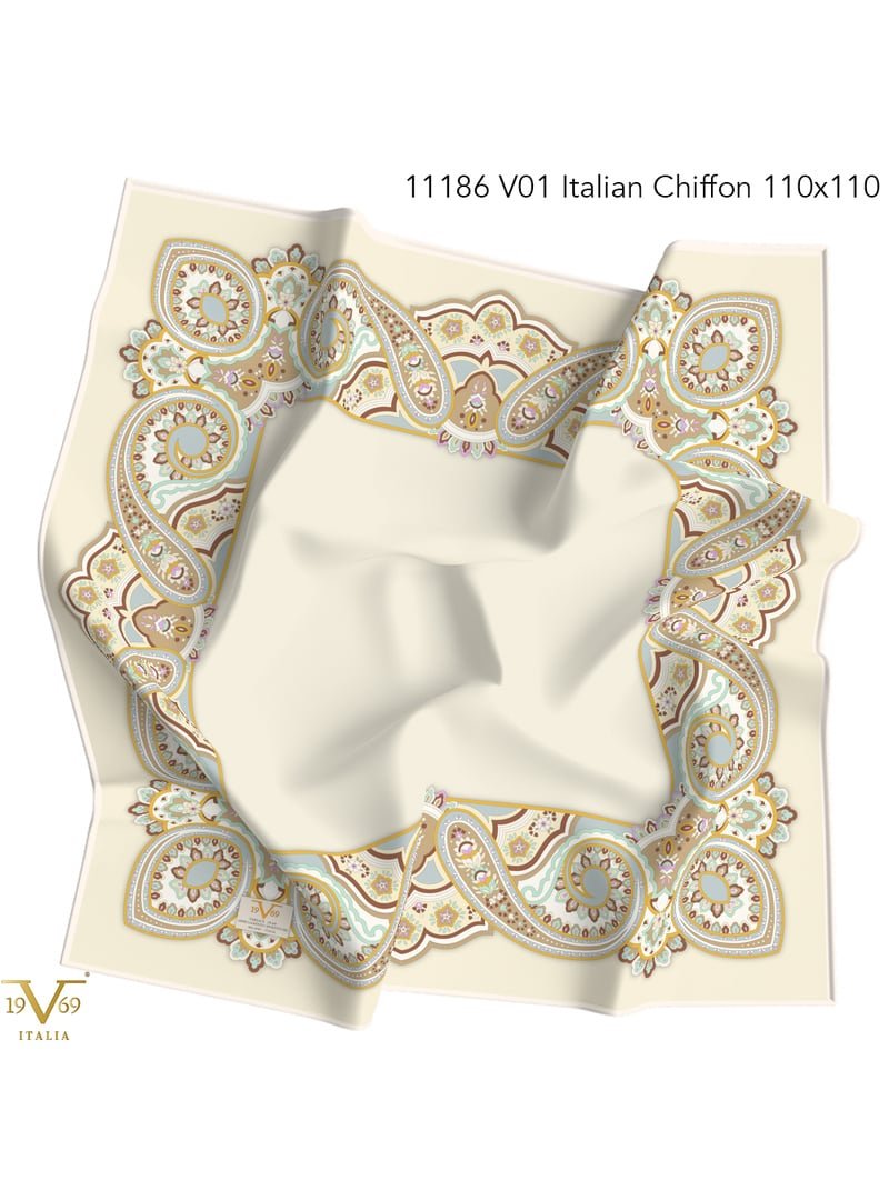 19v69 ITALIA Bej Desenli İtalyan Şifon Seri Eşarp Askısı İle Birlikte 110x110 Cm