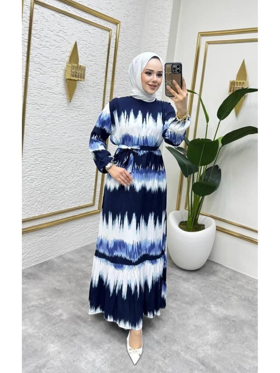 Nergis Neva Butik Lacivert Batik Desenli Kemerli Elbise