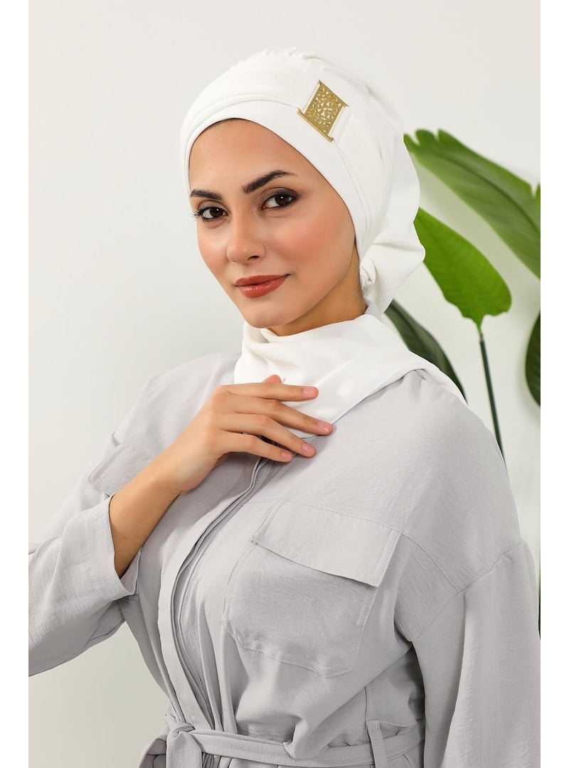 Aisha`s Design 11a Ecru Gold Aksesuarlı Aerobin Kumaş Hazır Türban,ht