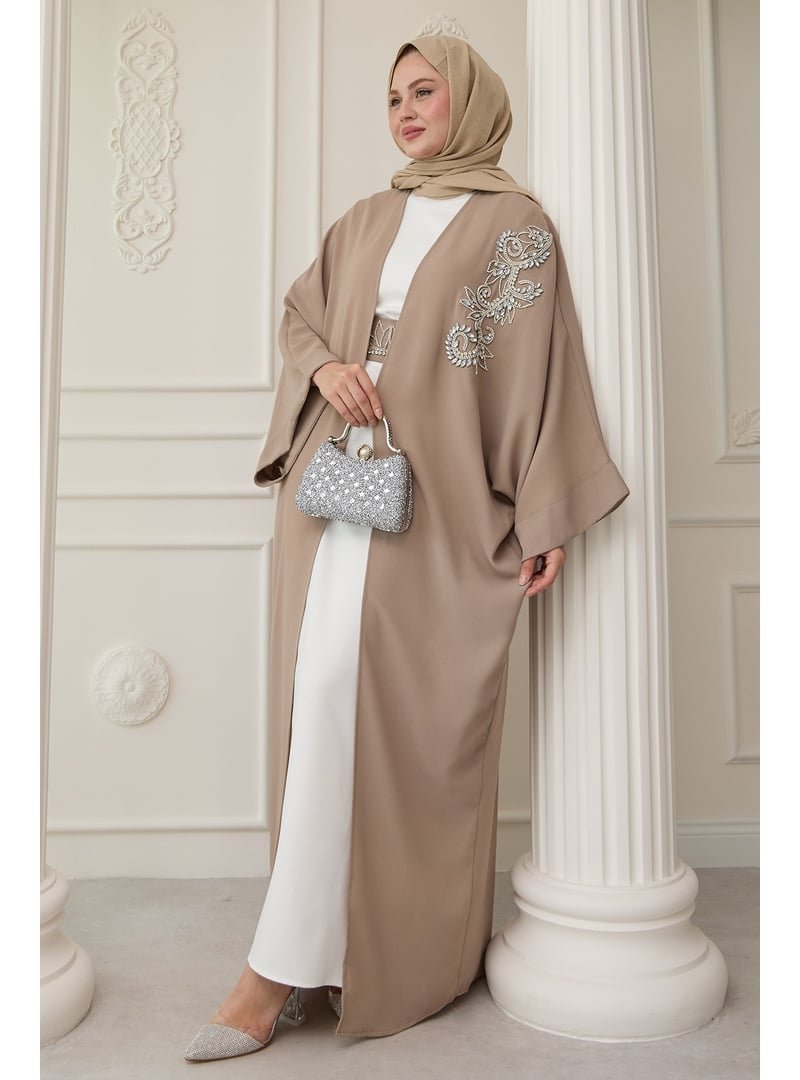 InStyle Bej Yakası Taşlı Yarasa Kol Elbiseli Abaya