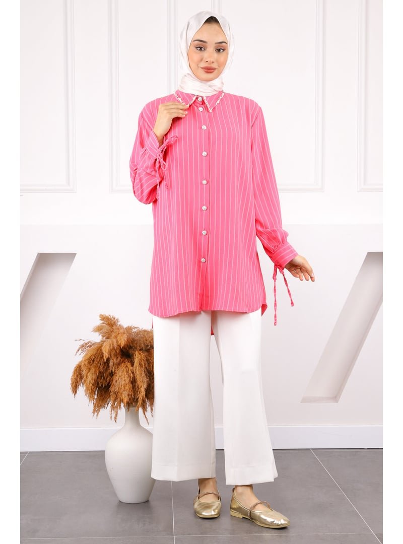İmaj Butik Pembe Kolu Bağcıklı Yaka Taşlı Linda Tunik