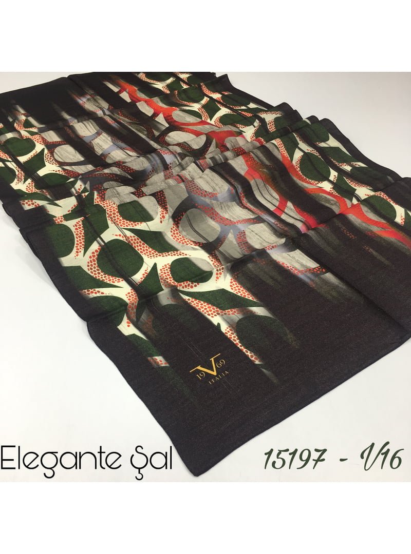 19v69 ITALIA Geometrik Desen Elegante Seri Viscon Şal Askısı İle Birlikte 75x200 Cm Siyah Zümrüt