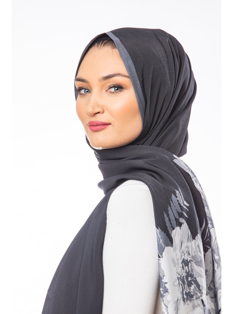19v69 ITALIA Çiçekli Desen Modal Seri Şal Askısı İle Birlikte 75x200 Cm Gri Siyah