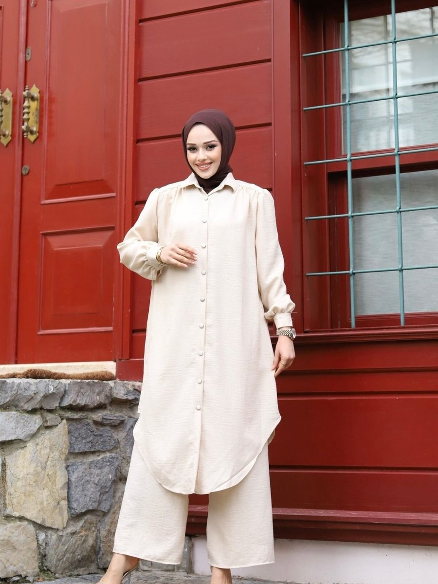 SFG Life Moda Taş Yazlık Gömlek Yaka Ve Önü Düğmeli Keten Kumaş Uzun Tunik,pantalon İkili Takım