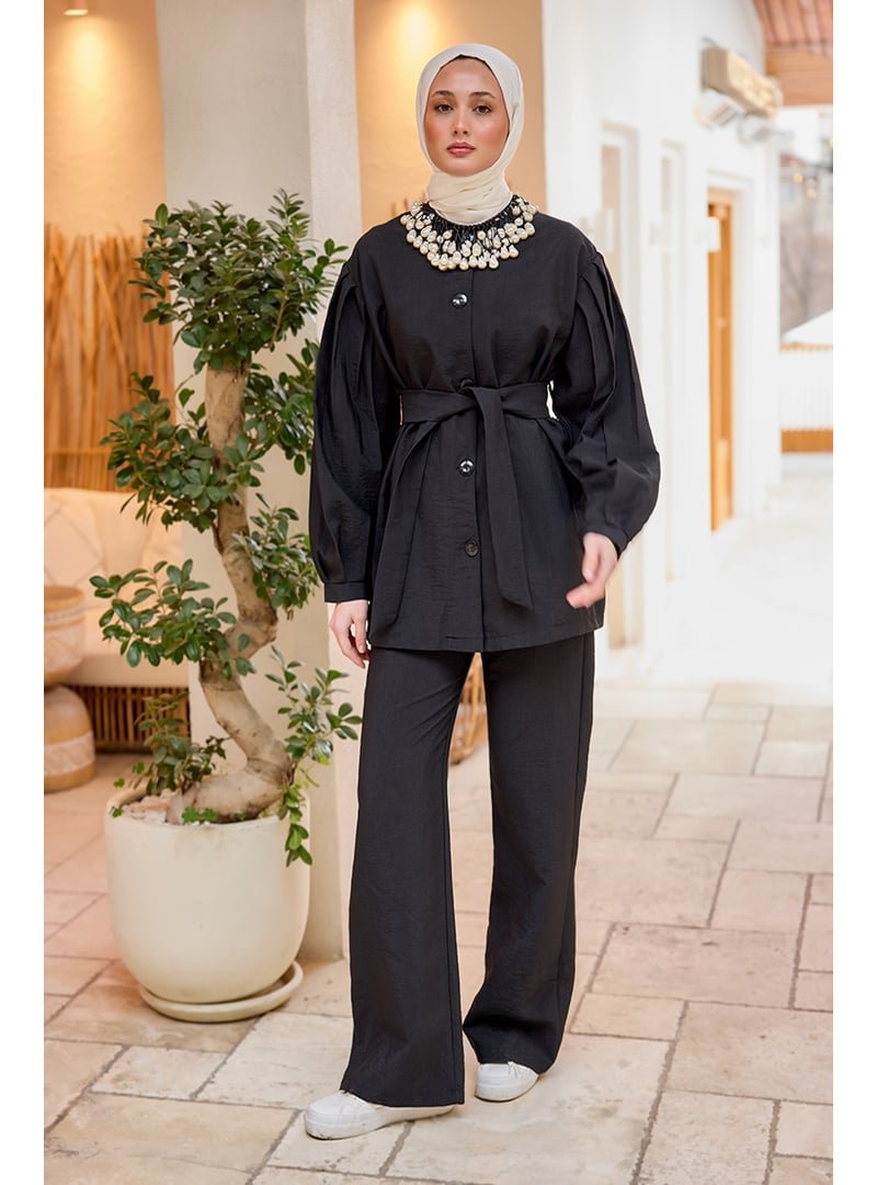 Locco Moda Siyah Pile Detaylı Kuşaklı İkili Takım