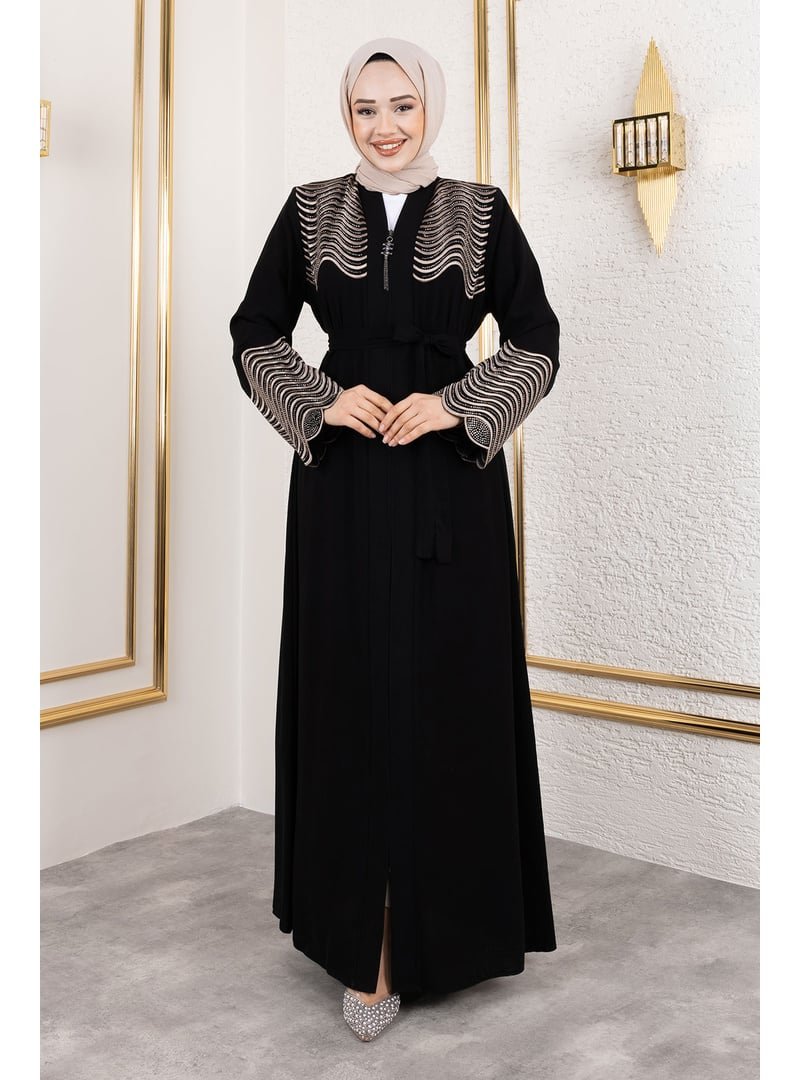 Tesettür Dünyası Siyah Nakış Ve Taş Detaylı Abaya
