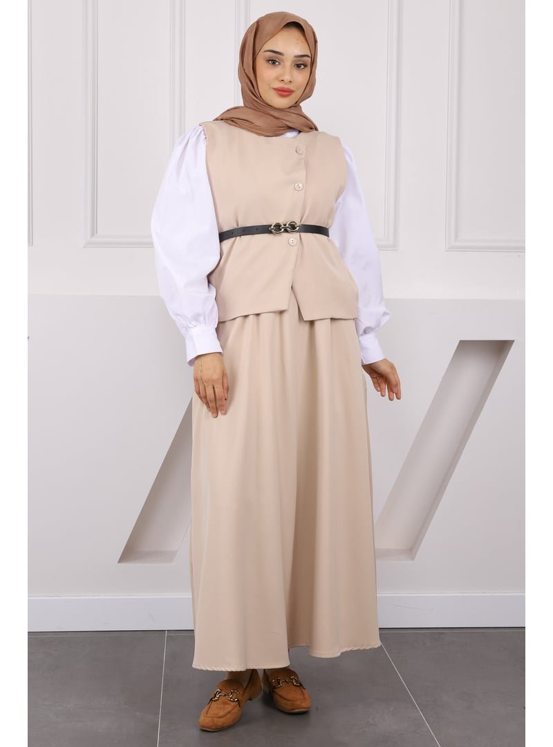 İmaj Butik Bej Kemerli Krep Yelek Etekli Takım