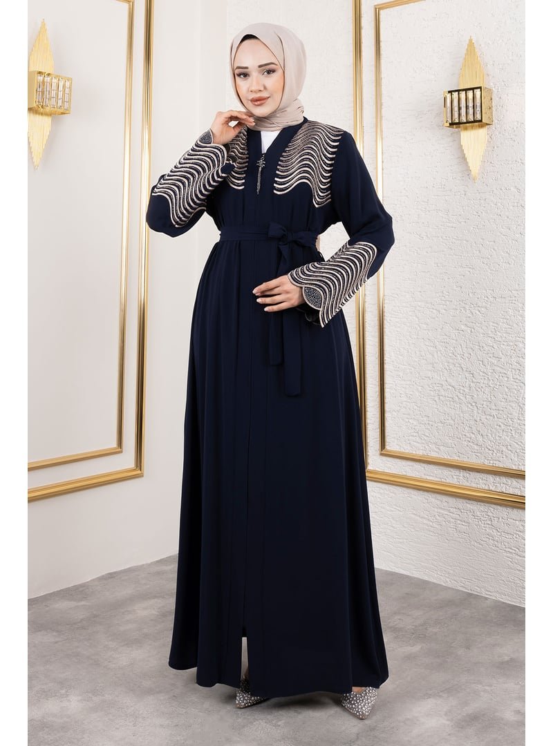Tesettür Dünyası Lacivert Nakış Ve Taş Detaylı Abaya